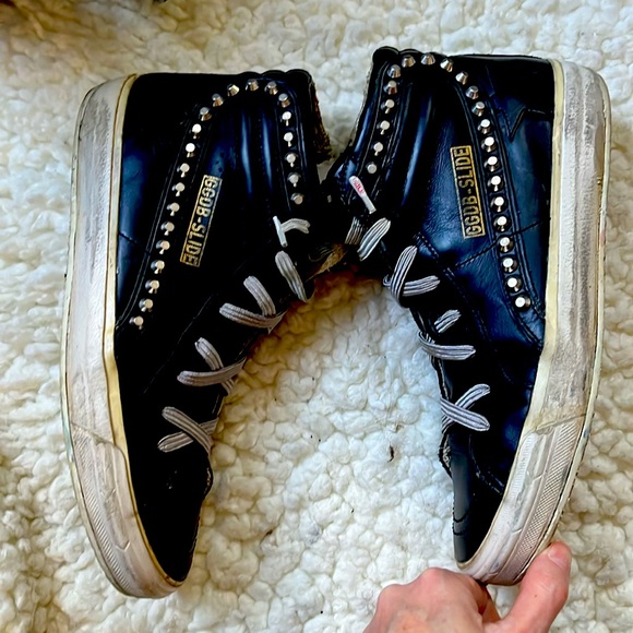 GOLDEN GOOSE BLACK 40 EU LEATHER STUD SLIDE SNEAKERS - #MUSTHAVE 🫶🤩😎 - Picture 8 of 9